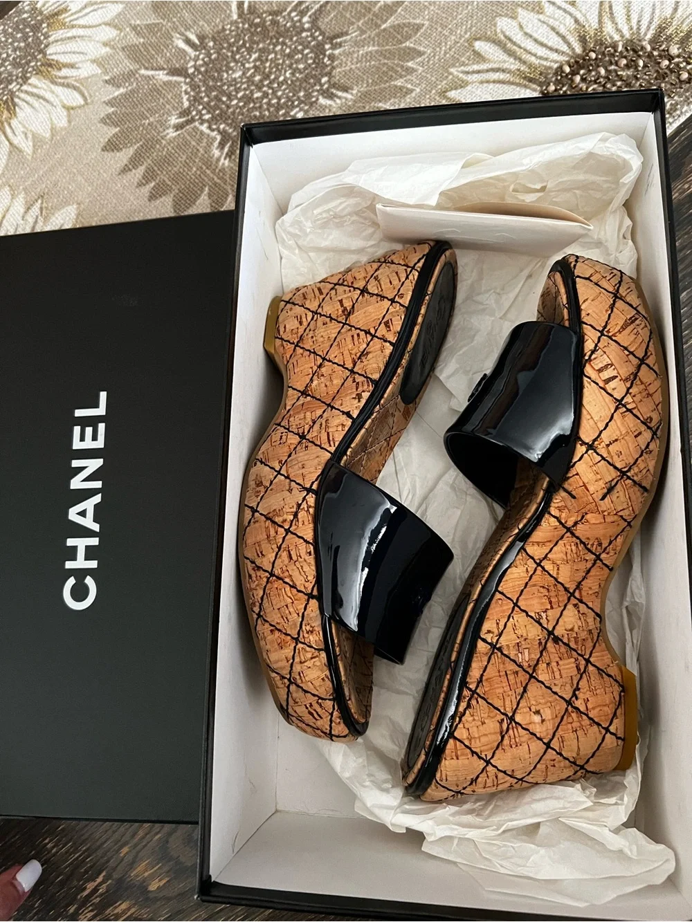 CHANEL Quilted Cork-Pattern Slip-On Loafers with Black Patent Trim 2007